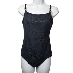 Longitude Black Embossed Floral One Piece Swimsuit Size 14